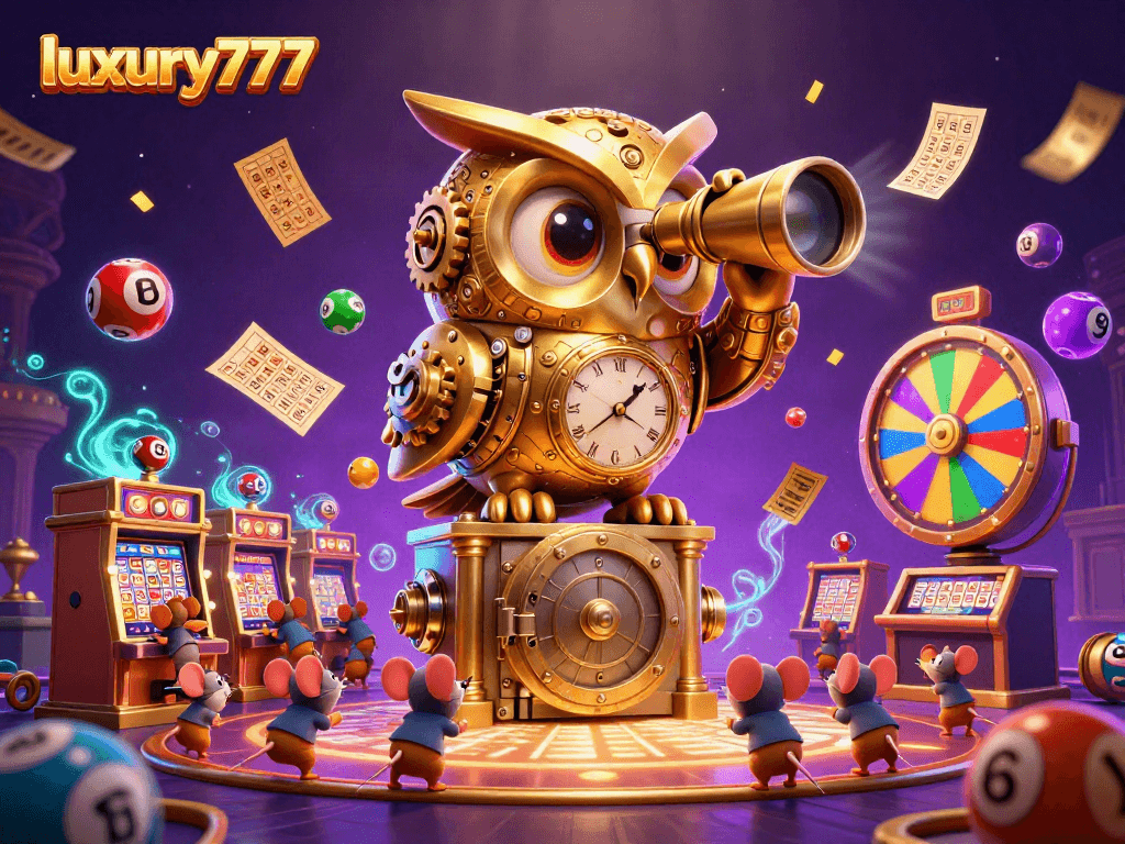 Gambarkan suasana kasino mewah dengan luxury777, burung hantu emas berputar, dan bola lotere berwarna-warni.