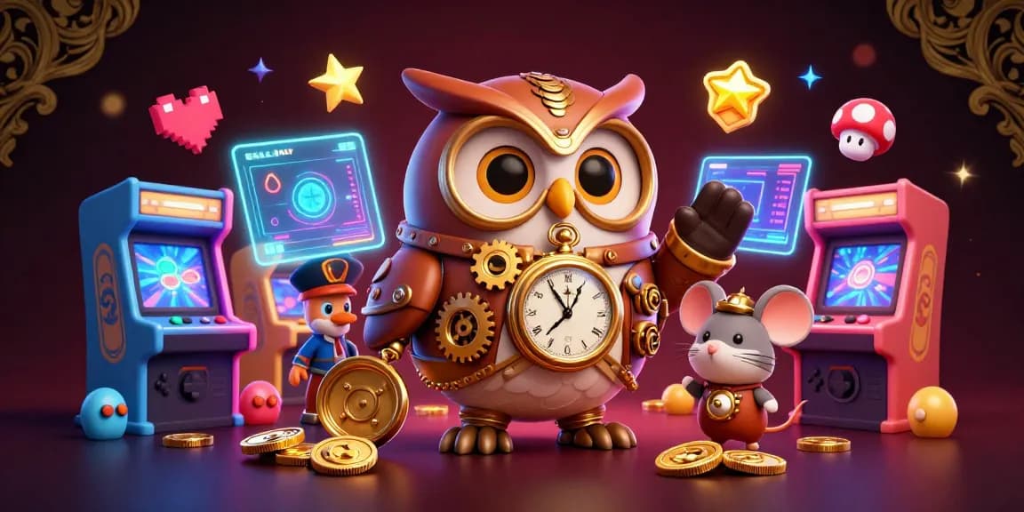 Join the thrilling world of toto togel with an immersive 3D illustration of a time-traveler owl and a clockwork mouse.