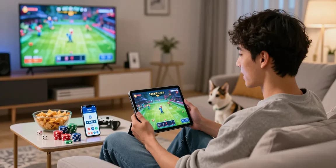 Excited user playing Jai Club login on a tablet in a cozy living room
