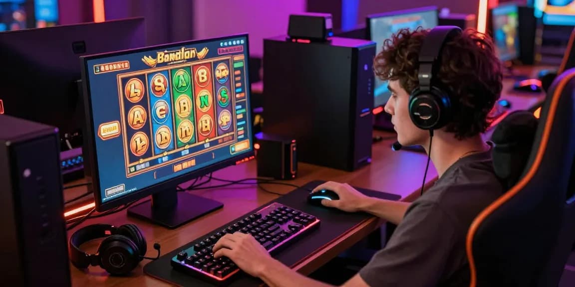 Engaging bandar slot gaming scene with colorful reels at a computer setup.