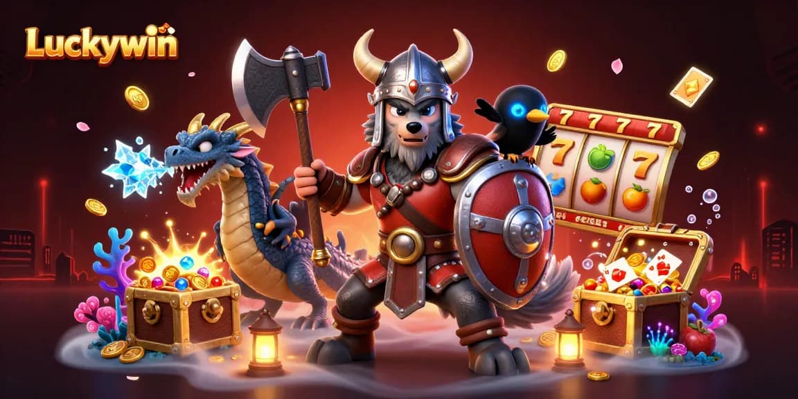 Engage in thrilling casino action with Luckywin featuring a Viking wolf warrior, dragon, and vibrant slot elements.