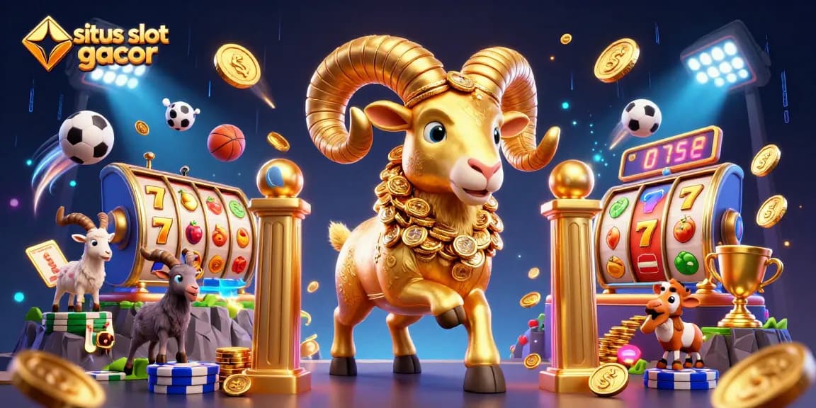 Situs slot gacor showcases a golden ram charging through slot game elements like jackpot counters and spinning reels.