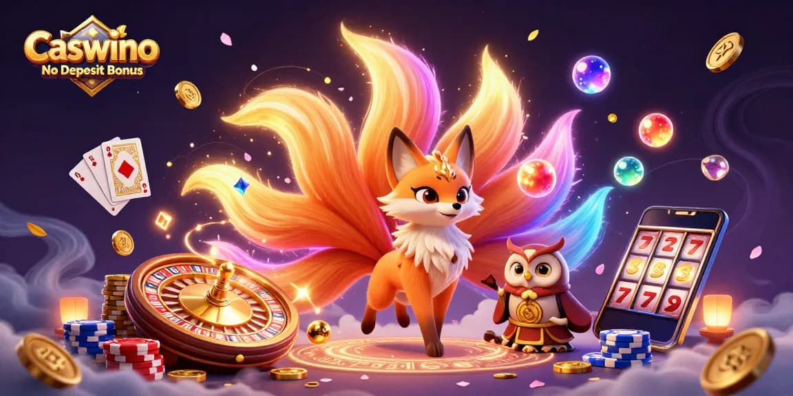 Experience the thrill of the Caswino No Deposit Bonus with a vibrant 3D scene featuring a nine-tailed fox, wise owl, and casino treasures.