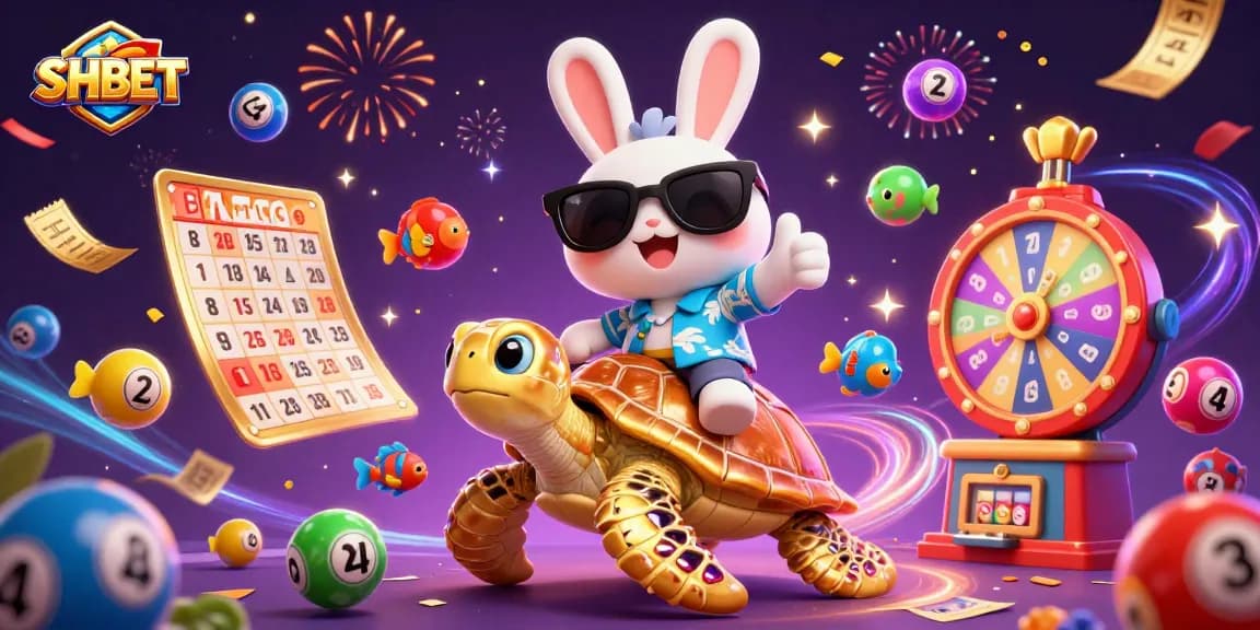 Engage with SHBET's thrilling gaming experience featuring a lucky rabbit and golden turtle surrounded by vibrant casino elements.
