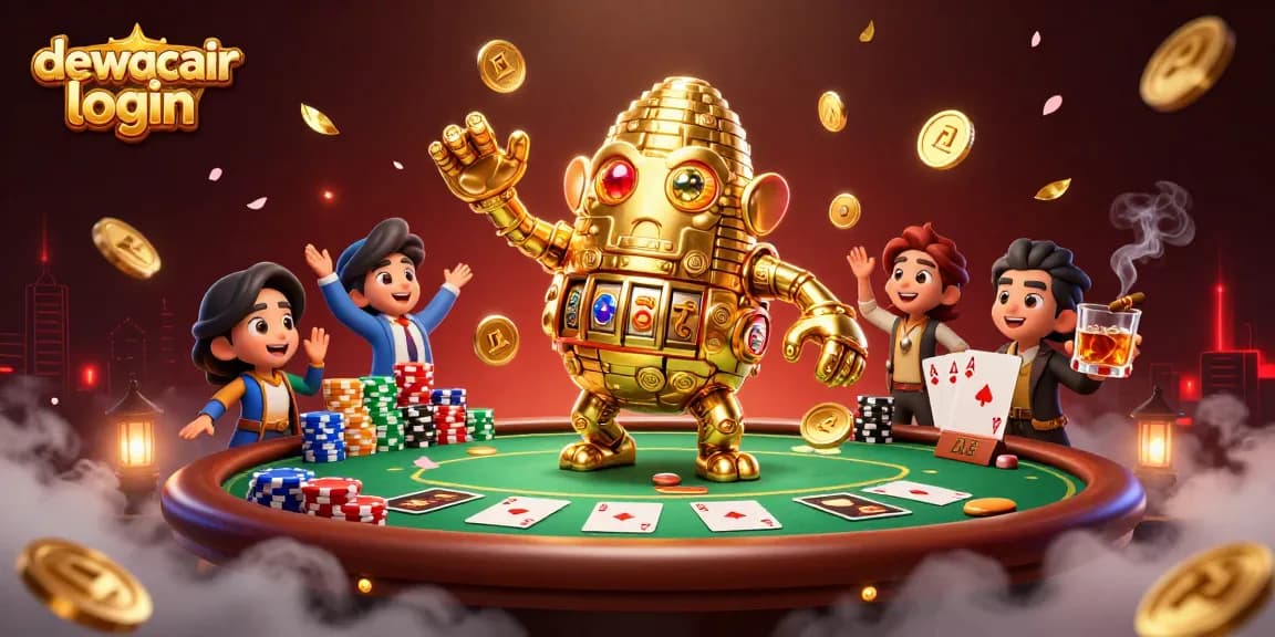 Play exciting games at dewacair login featuring a stunning golden golem and poker elements.