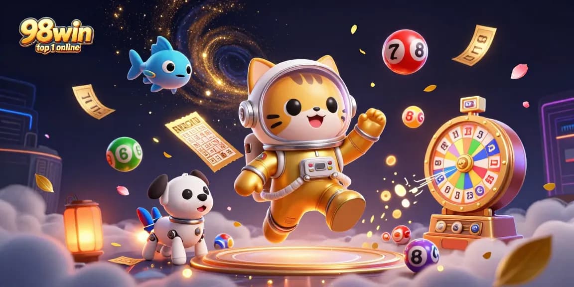 Engage with exciting games at 98win top 1 online through vibrant visuals of animated characters and casino elements.