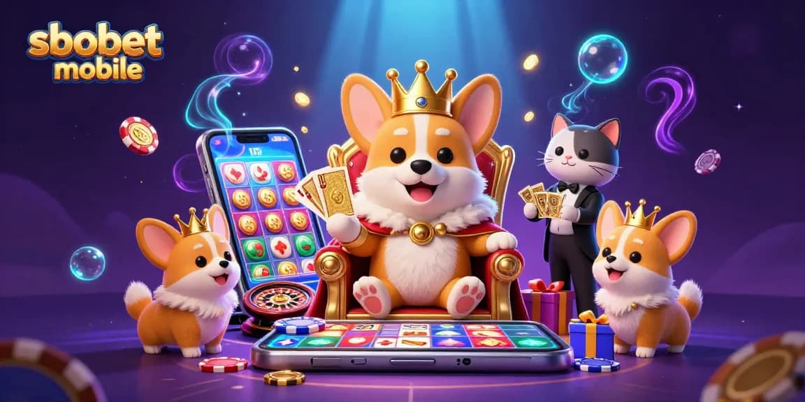 Experience sbobet mobile with vibrant cartoon characters celebrating gaming, showcasing coins and slot machines.