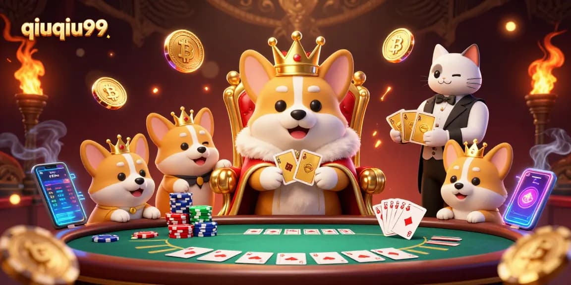 Engage with qiuqiu99's thrilling poker atmosphere featuring cartoon corgis in a vibrant digital casino.