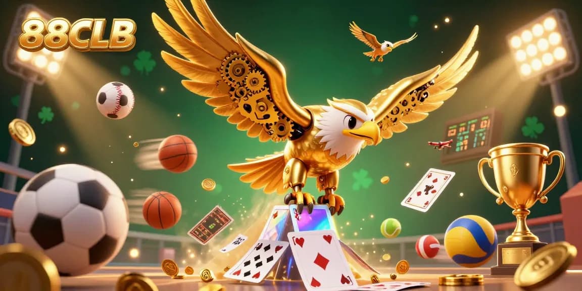 Experience thrilling gameplay at 88CLB with a vibrant scene of a golden eagle diving through cards and sports elements.