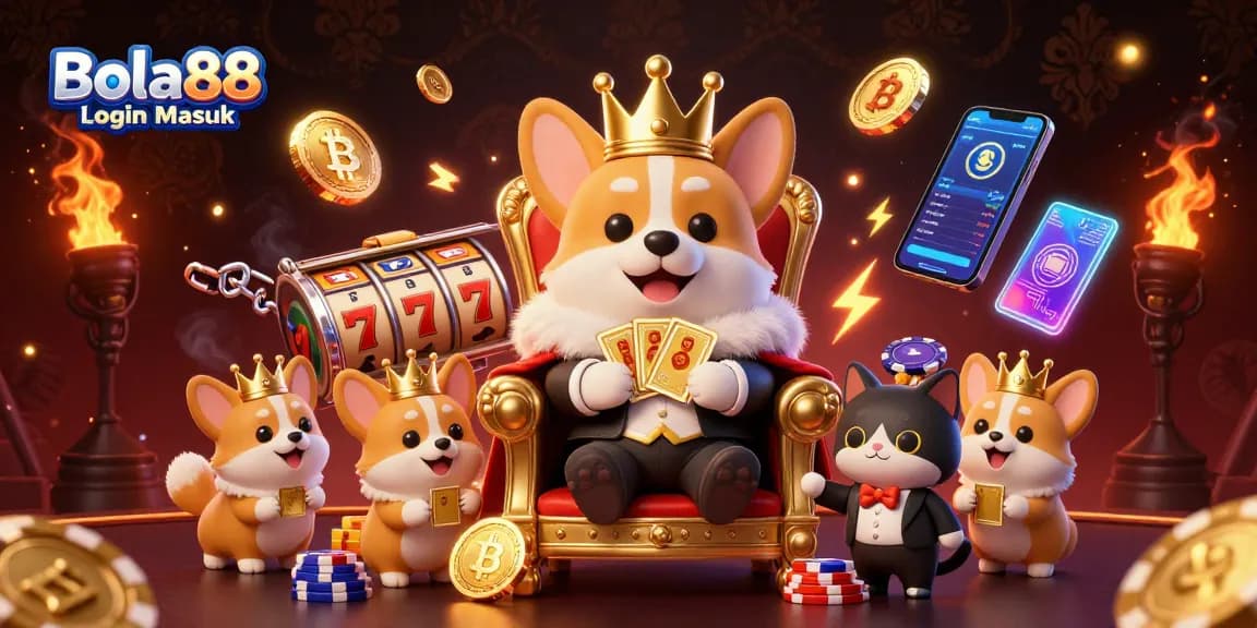 Experience the vibrant world of online gambling with Bola88 Login Masuk featuring a majestic corgi and detailed casino elements.