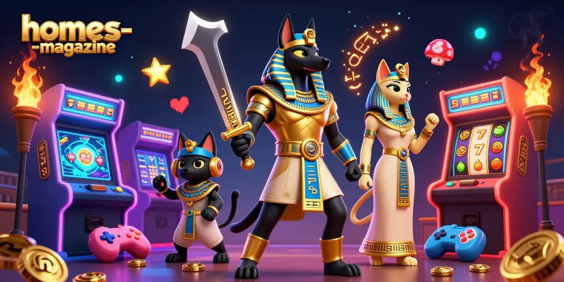 Engage with hommes-magazine's thrilling arcade casino adventure featuring a vibrant scene of Anubis and Bastet.