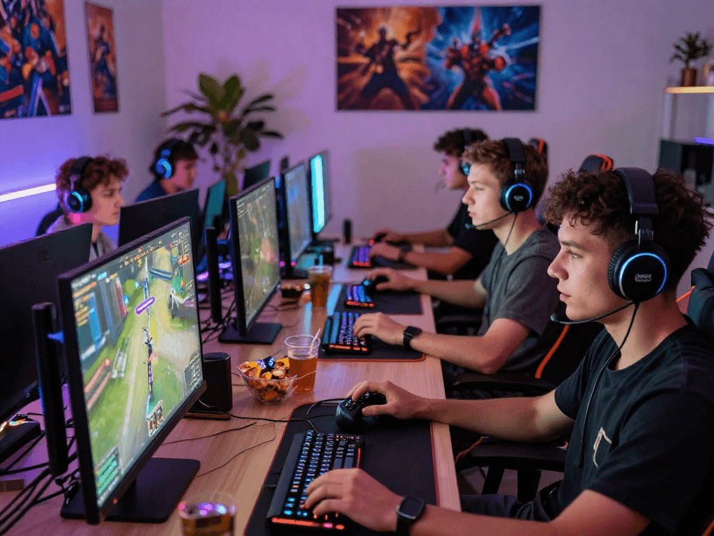 Exciting gaming scene at mpocash.blog highlighting players engaged in multiplayer gameplay with vibrant LED lighting and gaming setups.