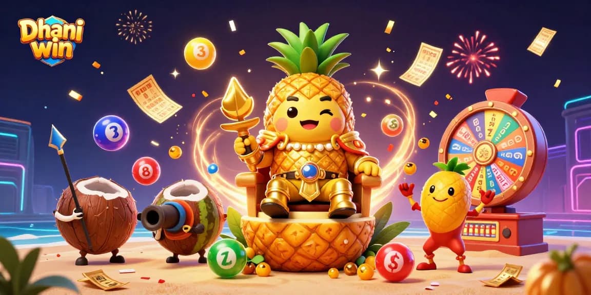 Dhani win casino platform illustration with vibrant lottery balls and game elements around a golden pineapple king.