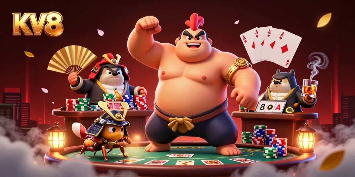 Experience the vibrant action at KV8 with a powerful sumo wrestler rooster, dynamic poker elements, and a festive casino atmosphere.