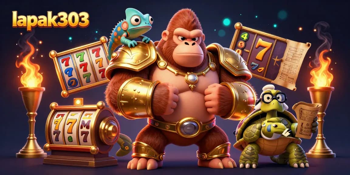 Experience winning at lapak303 with a powerful gorilla king, vibrant colors, and exciting slot elements.