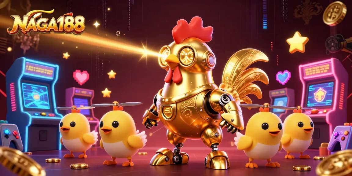 Permainan aktif di NAGA188 dengan robot ayam emas dan mesin arcade berkilau.