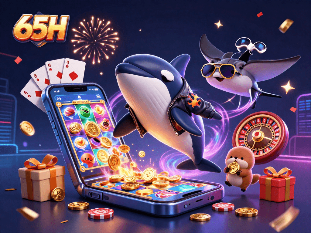 Jogando 65H, a orca biker salta enquanto raias e lontras flutuam com moedas de ouro.