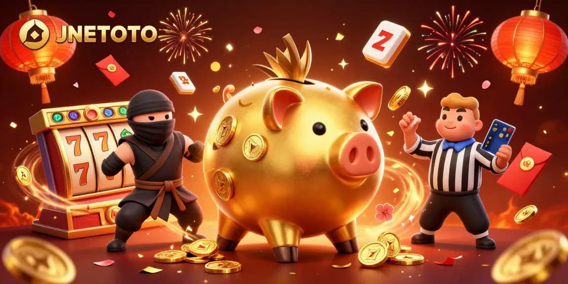 JNETOTO meningkatkan pengalaman bermain dengan simbol slot dan perayaan kemenangan dalam ilustrasi kasino yang dinamis.