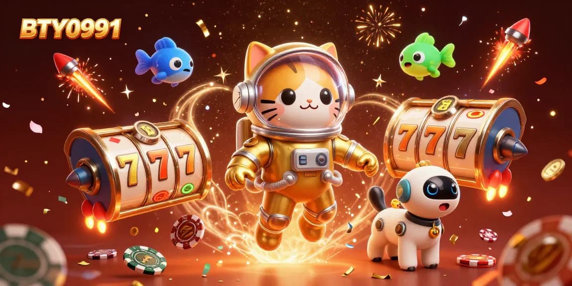 Experience excitement with BTY0991 in a festive 3D casino scene featuring vibrant characters and game elements.