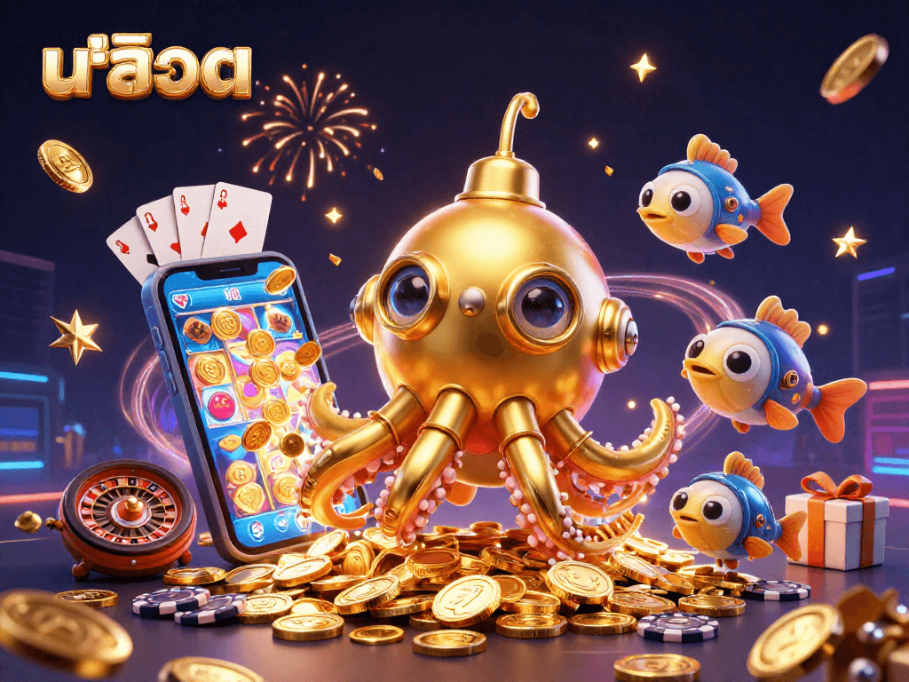 Experience สล็อต excitement with a colossal kraken submarine amid golden coins, showcasing vibrant casino elements.