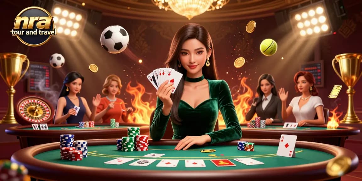 Win big with nra tour and travel as glamorous Asian woman plays poker surrounded by vibrant casino elements.