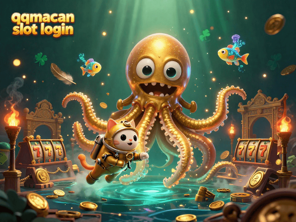 Engage in the excitement of gambling with qqmacan slot login amidst a treasure-filled scene with a kraken and diving cat.