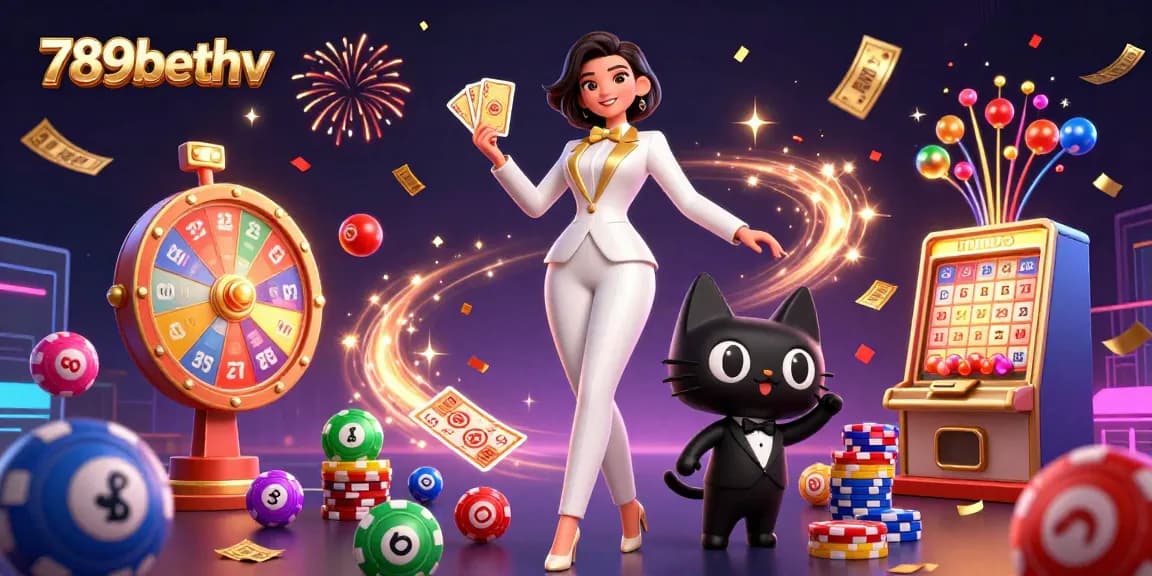 Experience thrilling gameplay with 789bethv, illustrated with vibrant lottery elements and a glamorous card dealer.