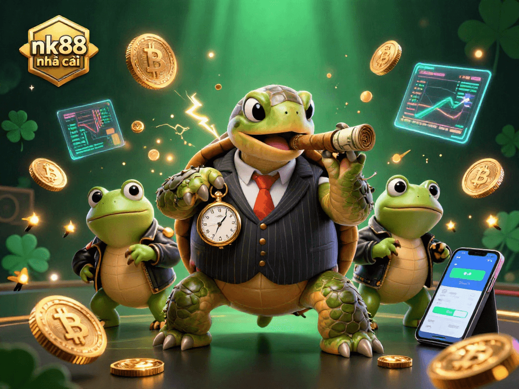 Engage with nk88 nhà cái through an exciting 3D casino-themed illustration depicting gaming characters and crypto elements.