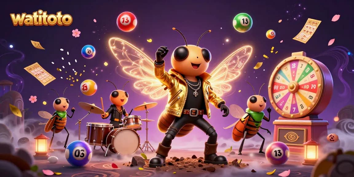 Experience the vibrant energy of watitoto with a dynamic scene of a cicada rock star and gaming elements.