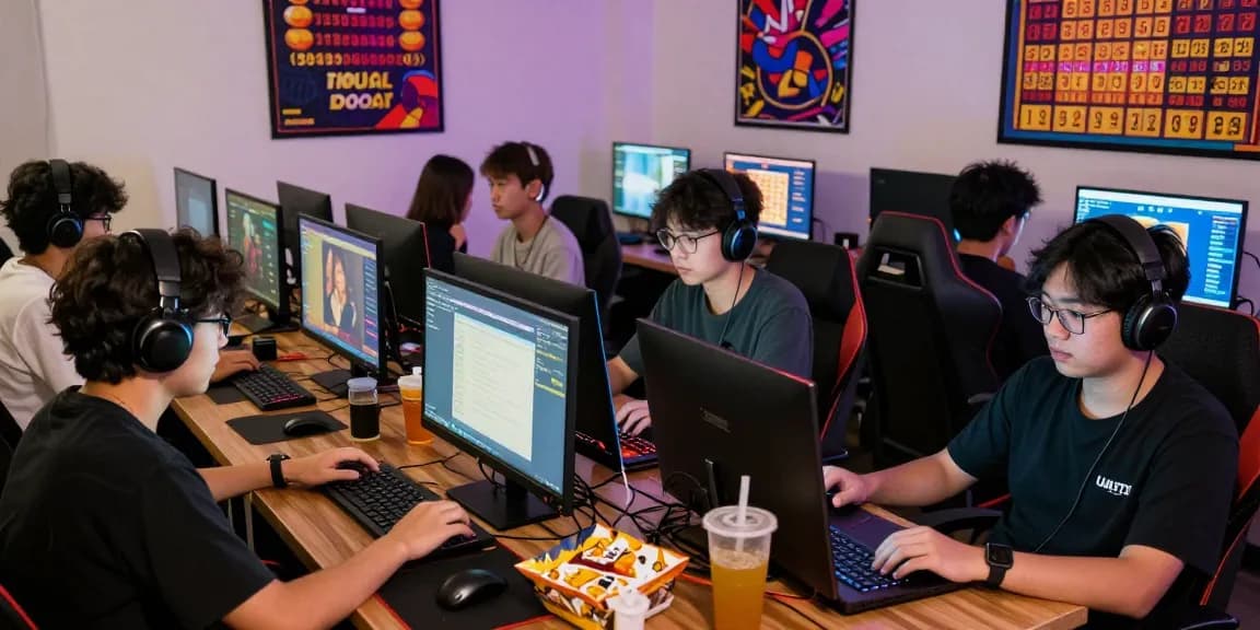 Engaged ulartoto players enjoying the thrill of online togel gaming in a vibrant home environment.