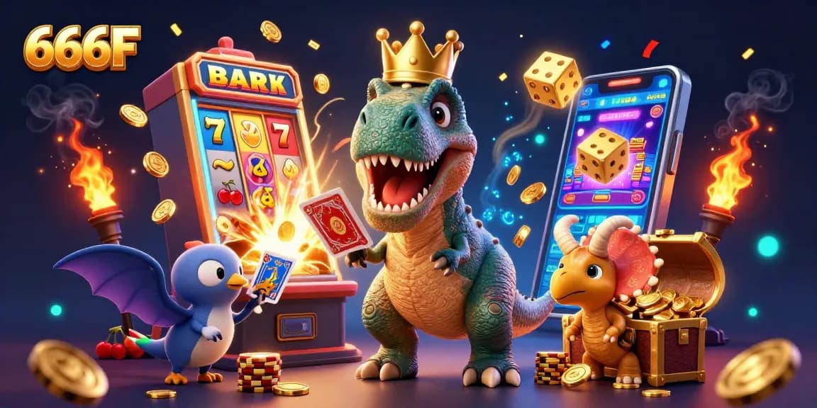 Experience the thrill of 666F with a fun 3D cartoon scene featuring gambling characters and epic casino elements.