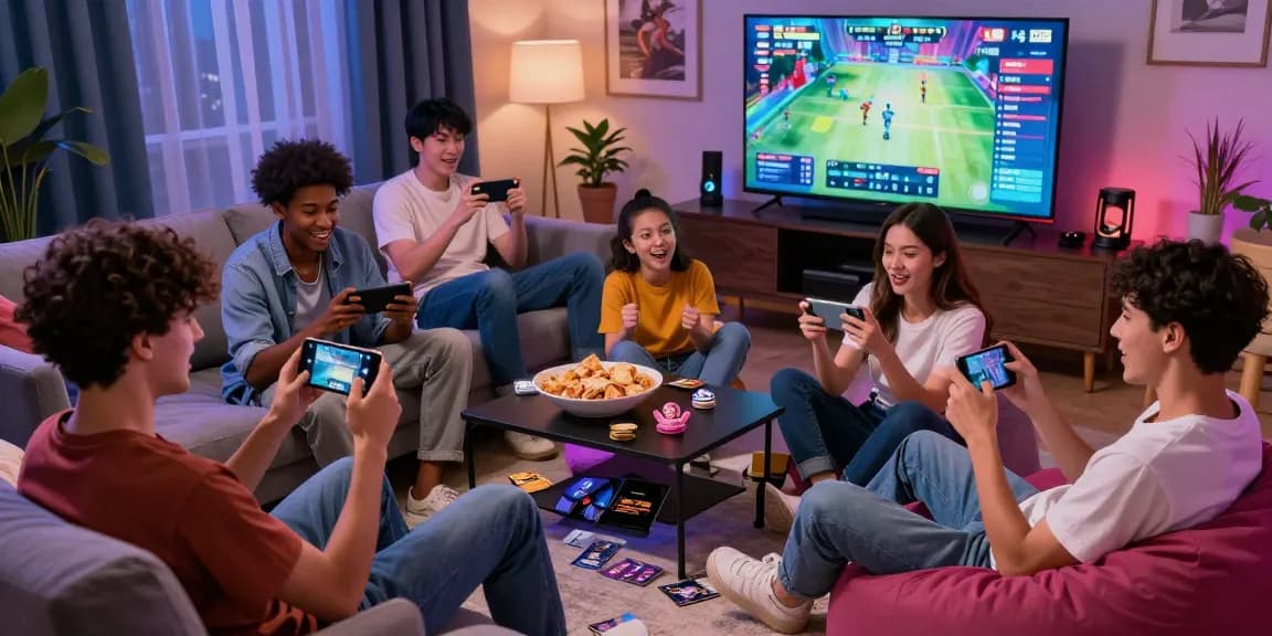 Tiranga Game players enjoying a vibrant gaming session in a cozy living room, showcasing mobile gameplay excitement.