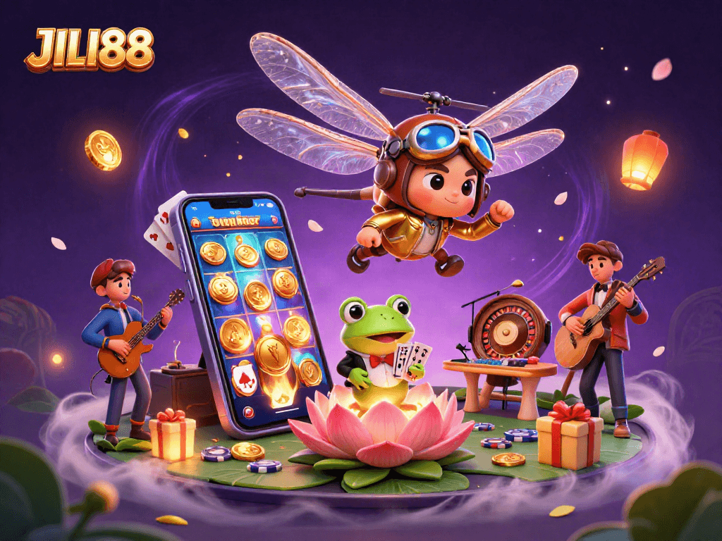 Experience JILI88 excitement with vibrant casino scene featuring dealer frogs and jazz cricket band.