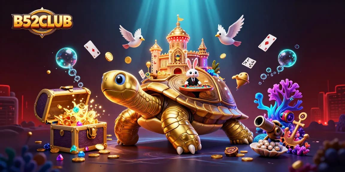 B52CLUB casino scene with a magical tortoise, rabbit dealer, and flying coins.