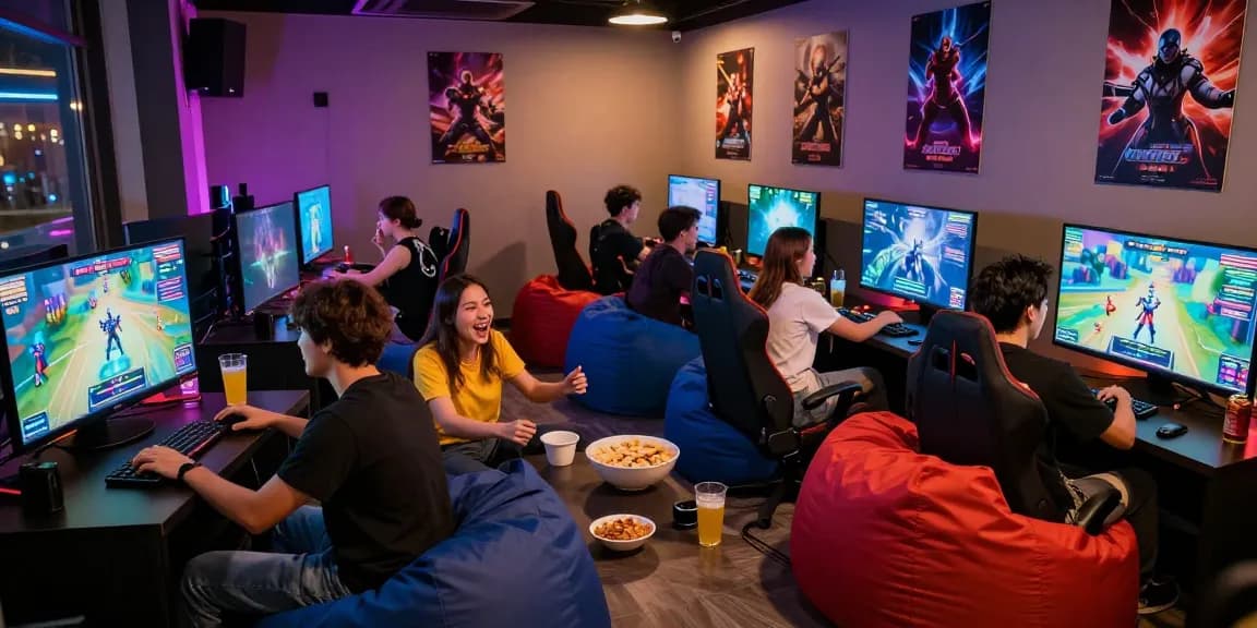 Friends enjoying Adult Games Dirty in a lively gaming lounge atmosphere.