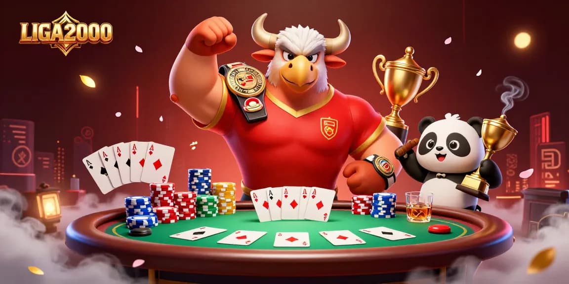 LIGA2000 menampilkan suasana kasino yang hidup dengan karakter animasi merayakan di atas meja poker.