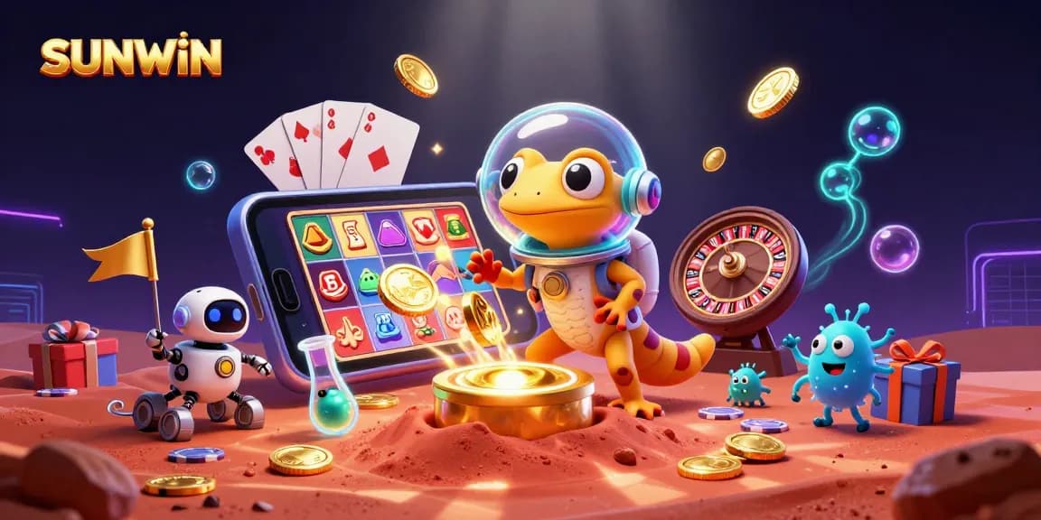 SUNWIN showcases a lively Martian gecko discovering a golden casino with vibrant gaming elements scattered throughout.