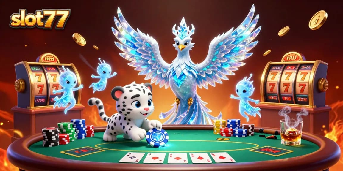 Engage with slot777's vibrant scene of an ice phoenix and playful cub amidst dynamic casino elements.
