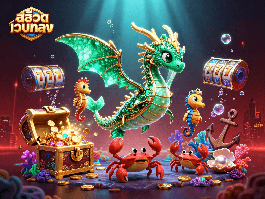 Experience the excitement of สล็อตเว็บตรง with a dynamic underwater scene featuring a sea dragon and treasure.
