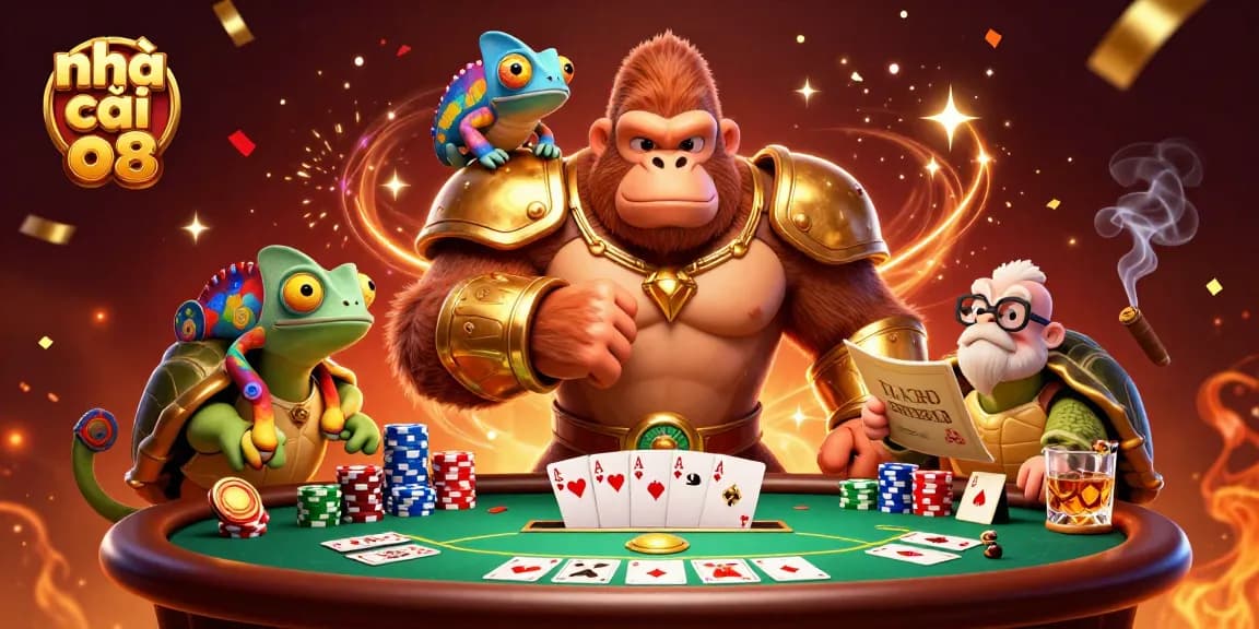 Engage in a vibrant casino scene with nhà cái o8, featuring a gorilla king, chameleon, and tortoise amidst poker elements.