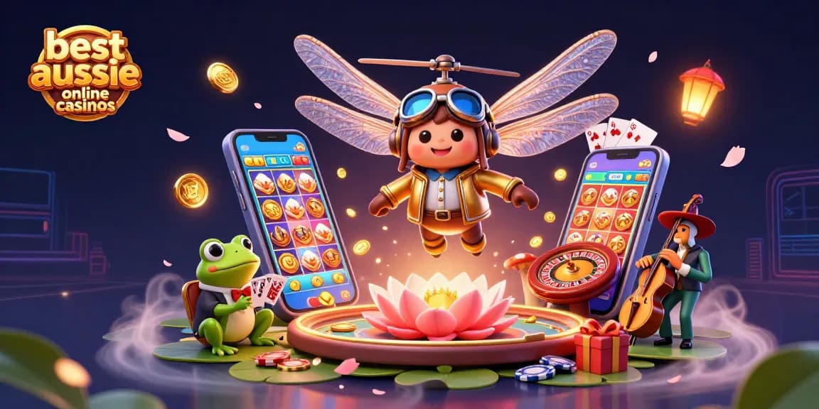 The best aussie online casinos come to life in a vibrant 3D scene featuring casino symbols, a dragonfly pilot, and frog croupier.