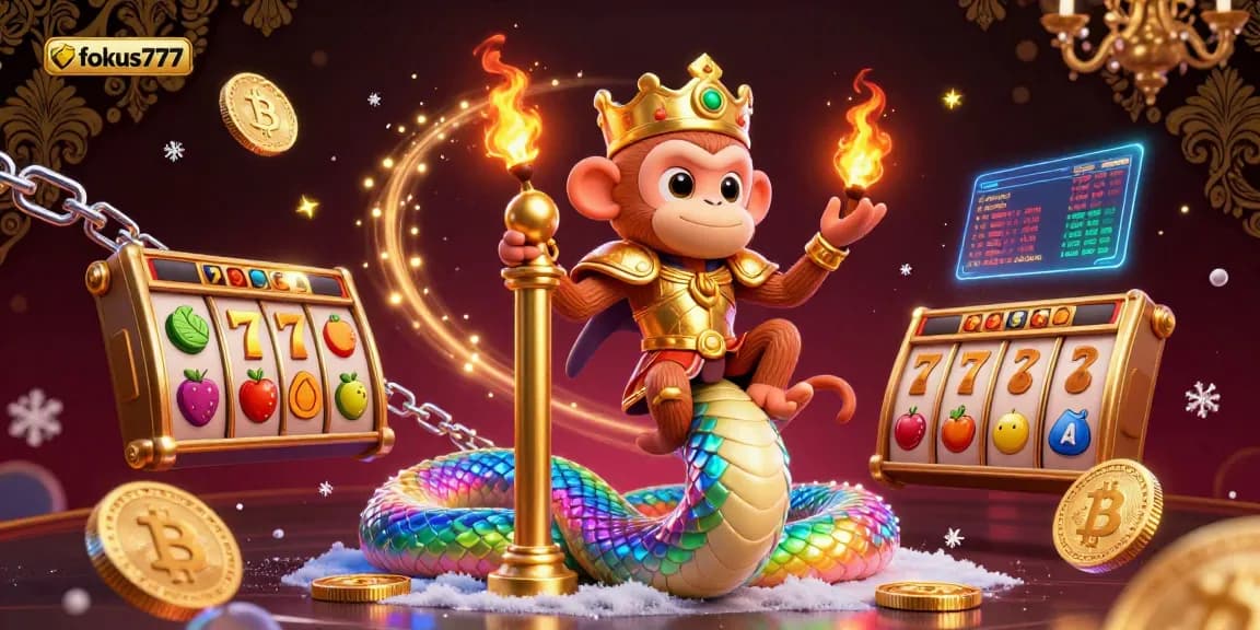 Win big with fokus777 in a vibrant digital illustration showcasing slot reels and cryptocurrency elements.