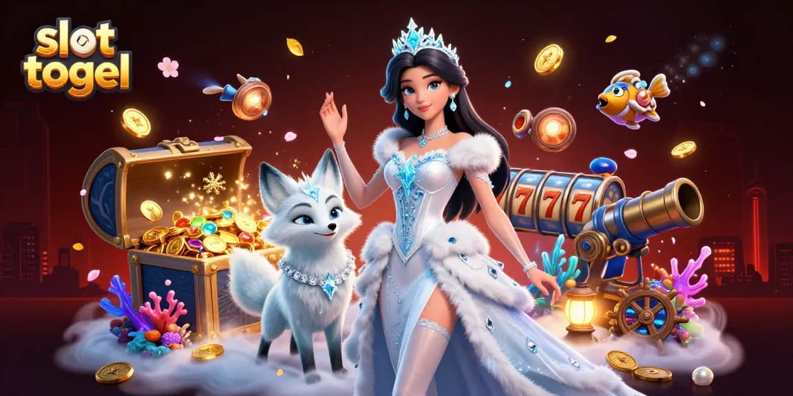 Experience the excitement of slot togel with vibrant illustrations of jackpot reels and stunning 3D characters.