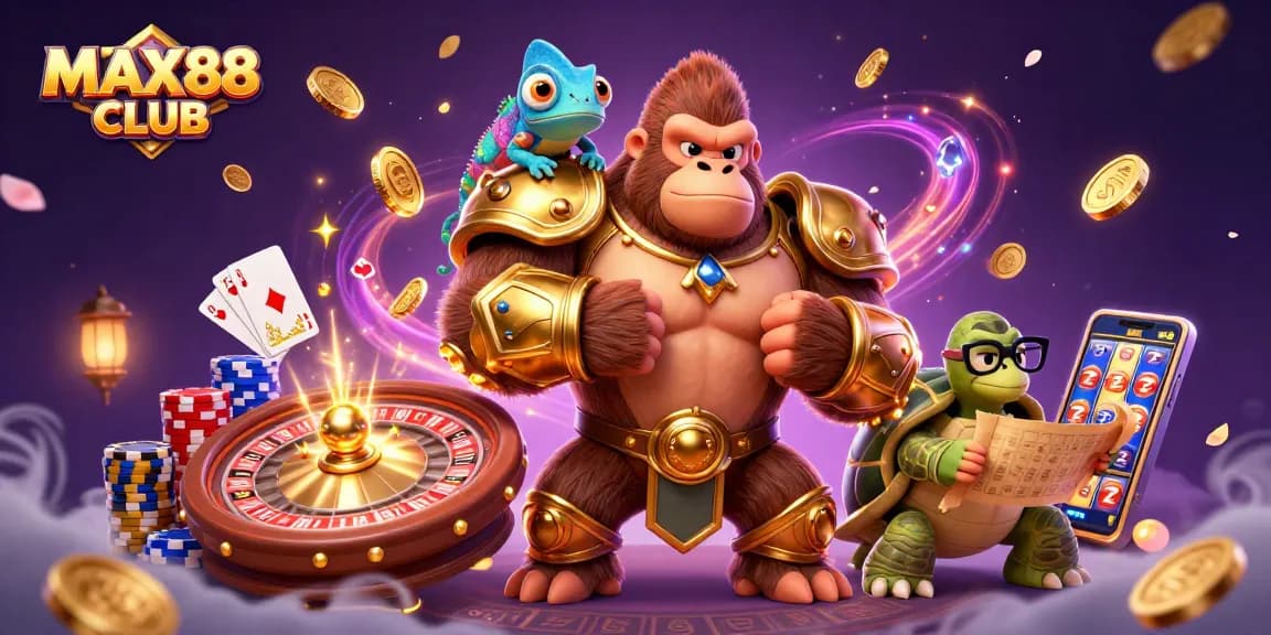 Experience the excitement of MAX88 CLUB with vibrant casino elements and dynamic characters in action.