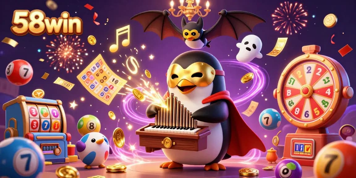 58win captures the excitement of casino gaming with a dynamic scene of themed characters, colorful elements, and gold coins.