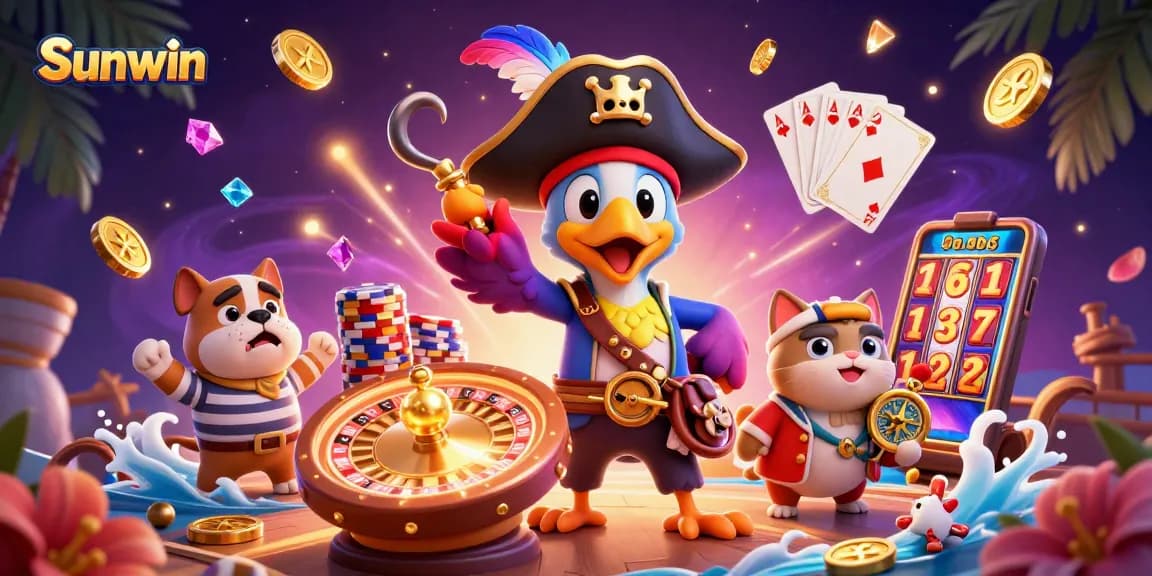 Spin the wheel of fortune with Sunwin's vibrant 3D casino scene featuring a pirate captain and treasures!
