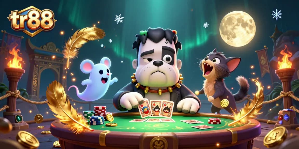 tr88 table games with a Frankenstein bulldog dealing cards at a ghostly casino table