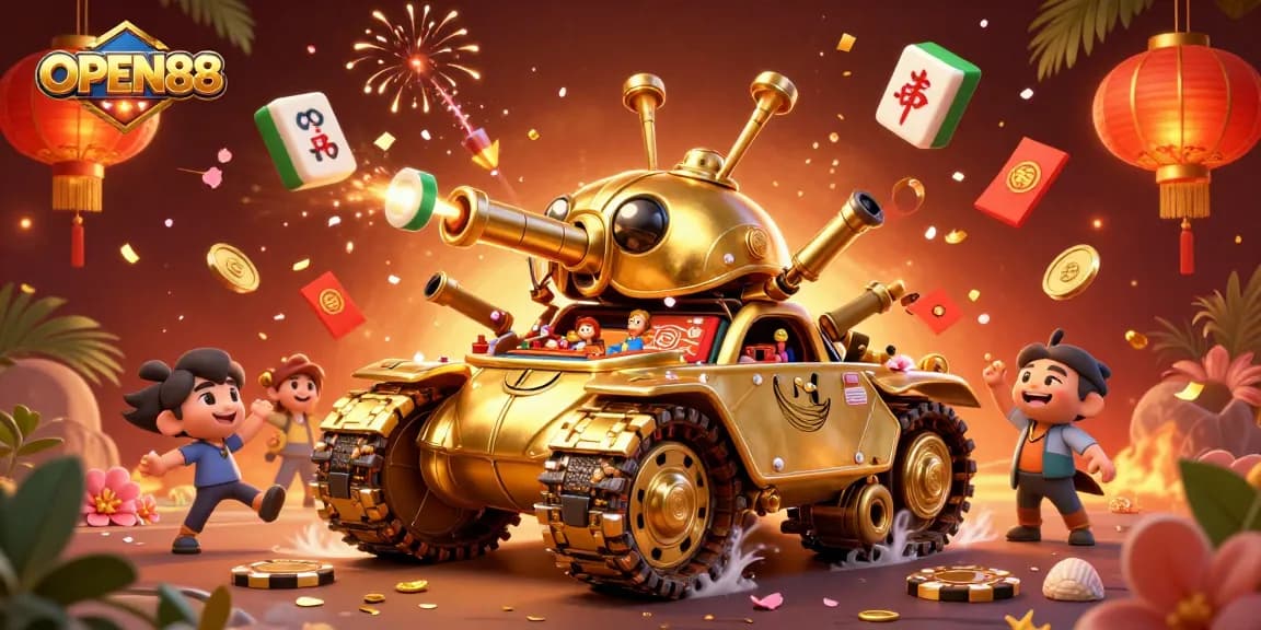 Explore exciting casino adventures within OPEN88 featured in a vibrant 3D scene.