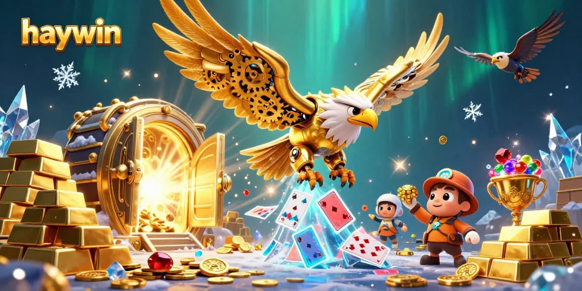 Engage with Haywin's vibrant gaming scene featuring a golden eagle amidst cascading playing cards.