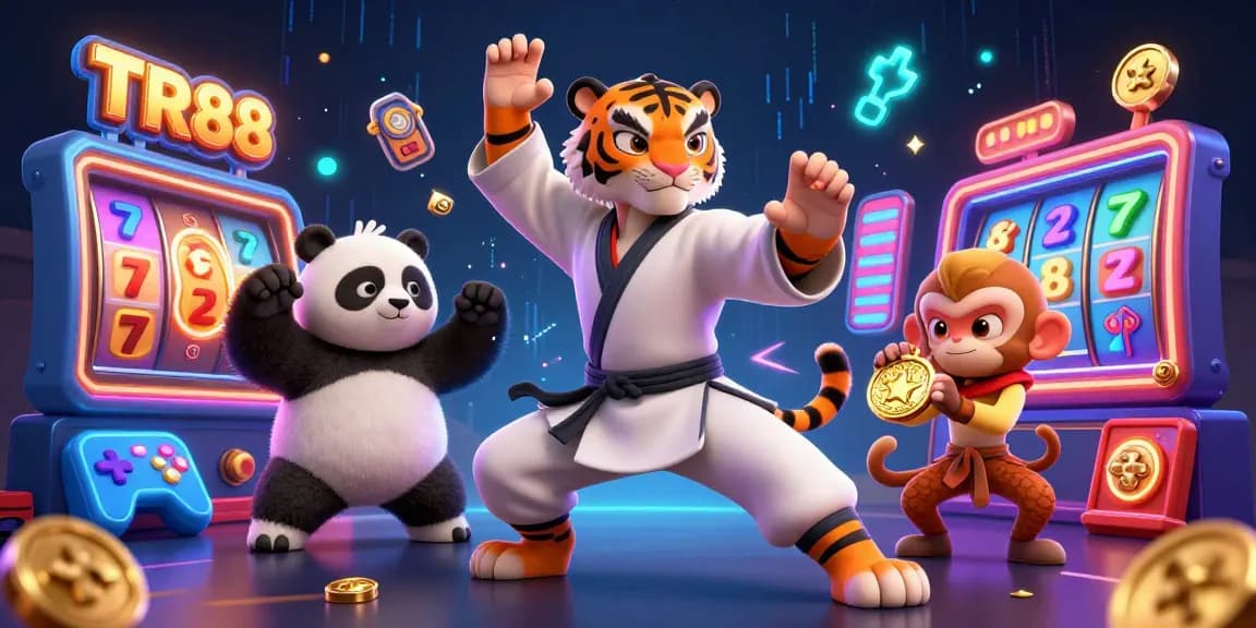 TR88 showcases a thrilling casino experience with a kung fu tiger master amidst vibrant slot game elements.